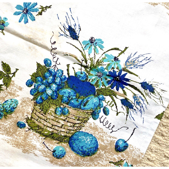 Vintage Tablecloth 70’s Handmade Picnic Buffet Cloth Aqua Blue Tan Fruit Basket - Picture 7 of 8